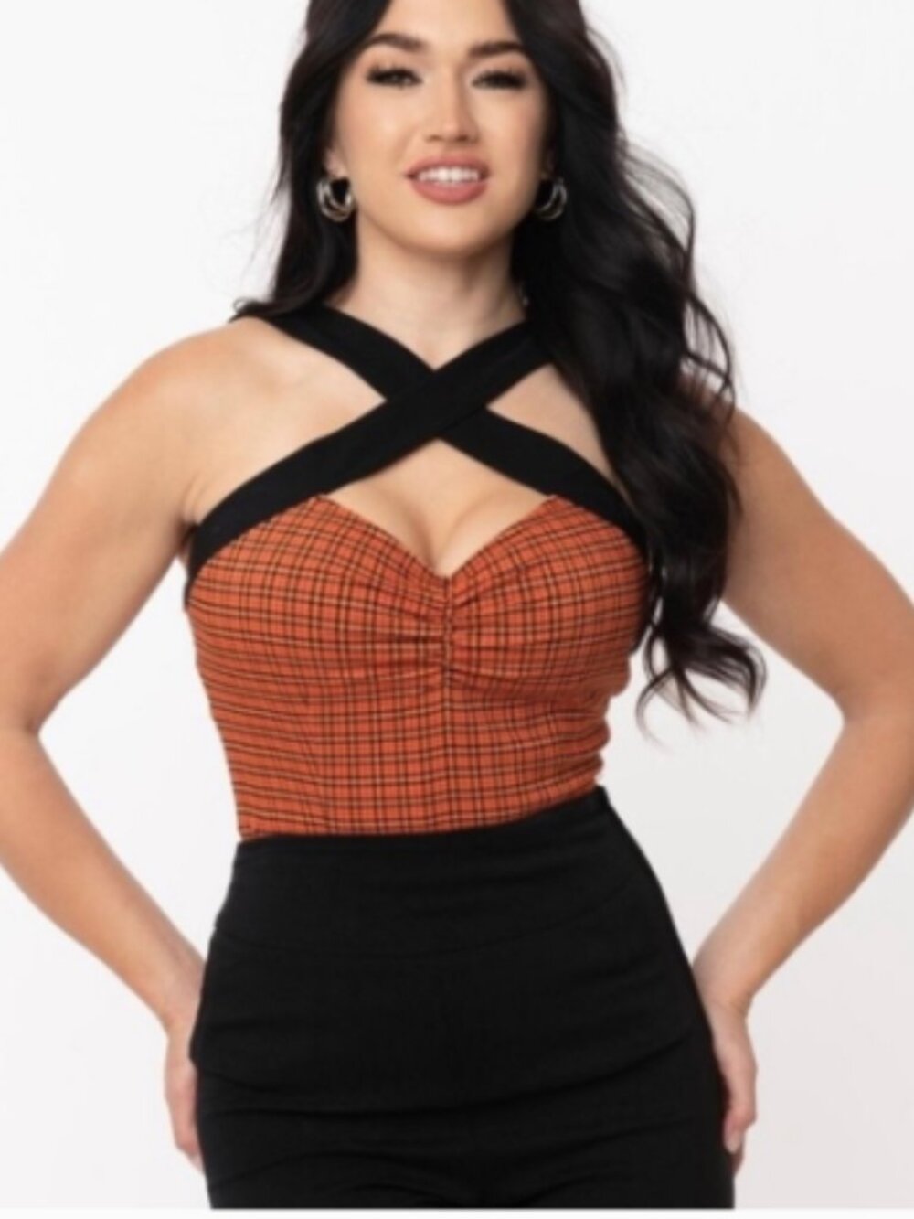 Unique Vintage Orange & Black Plaid Porter Top